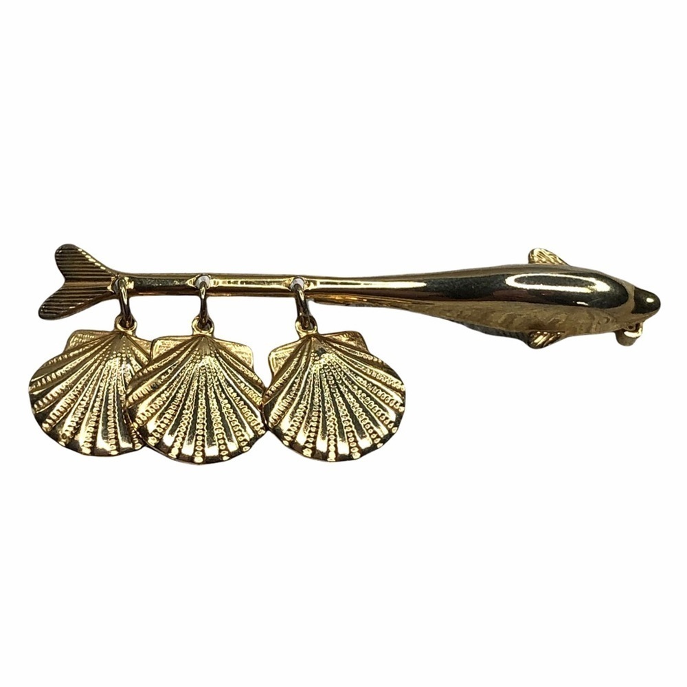 Vintage Gold Sea Theme Pin Dolphin Shells